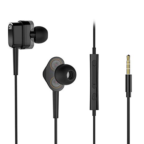 Wired Earphones, USTEK Dual Dynamic Drivers in-Ear Headphones with Volume Control and Mic, Hi-fi Earbuds Noise Isolating 3.5mm Jack