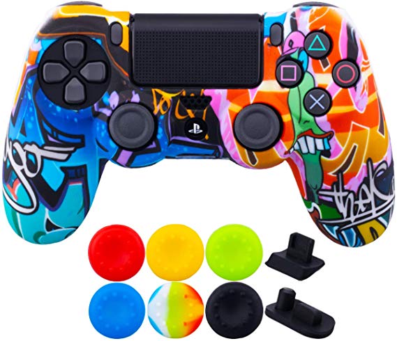 9CDeer 1 Piece of SiliconeTransfer Print Protective Cover Skin   6 Thumb Grips & Dust Proof Plugs for PS4/Slim/Pro Controller Cartoon Paints