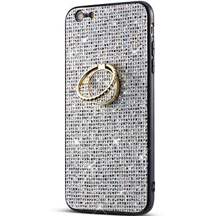 ikasus Diamond Case for iPhone 6S Plus/iPhone 6 Plus Case,Luxury Sparkle Bling Glitter Full Crystals Rhinestone Diamonds Girls Women with Ring Kickstand Hard PC   Soft TPU Bumper Case Cover,White