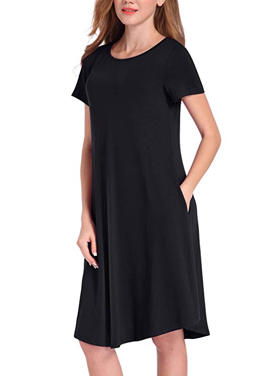 HUSKARY Women's Swing Dress Short Sleeve Casual Loose T-Shirt Dresses with Pockets …