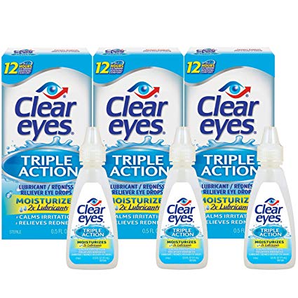 Clear Eyes | Triple Action Lubricant/Redness Relief Eye Drops | 0.5 FL OZ | Pack of 3