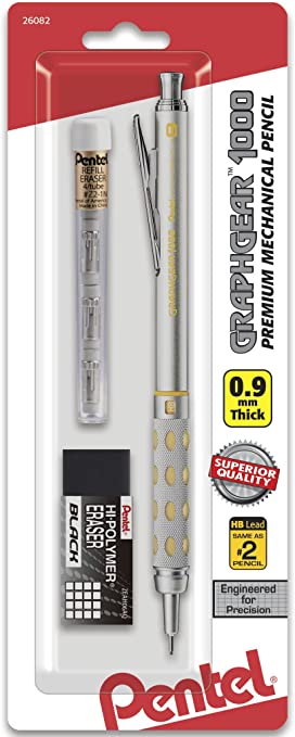 Pentel GraphGear 1000 Automatic Drafting Pencil (0.9mm), with Eraser Refills, 1-Pk (PG1019EBP)