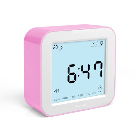 DreamSky Portable Rotating Alarm Clock With Timer,Time/Date/Temperature Display , Light Activated Night Light ,Four Way Display,Battery Operated (Pink)