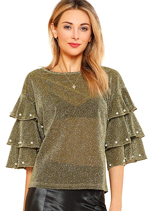 DIDK Women's Round Neck Pearl Beading Layered Sleeve Glitter Blouse Top