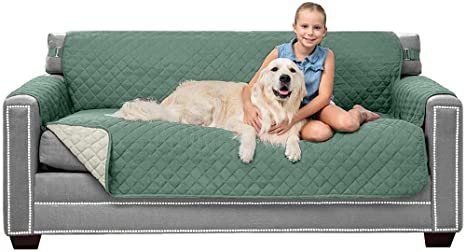 Sofa Shield Patented Slipcover, Reversible Tear Resistant Soft Quilted Microfiber, 70” Seat Width, Durable Furniture Stain Protector with Straps, Washable Couch Cover for Dogs, Kids, Cyan Linen