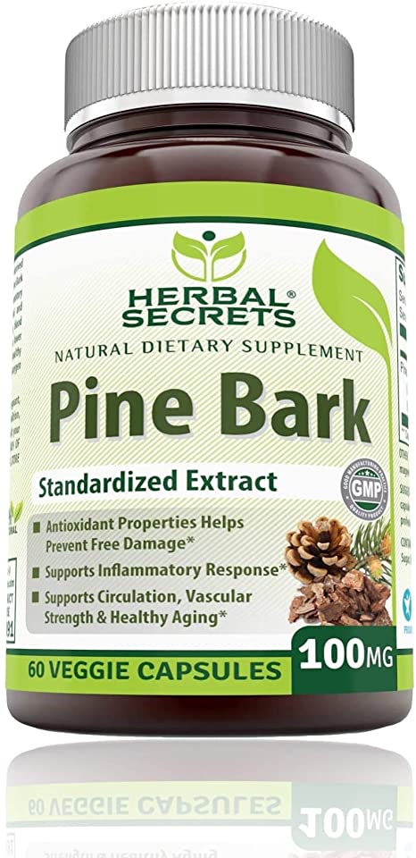 Herbal Secrets Pine bark Extract 100 mg 60 Veggie Capsules (Non-GMO) Antioxidant & Anti-inflammatory Properties* Protection Against Free Radicals* Supports Circulation, Vascular Strength*