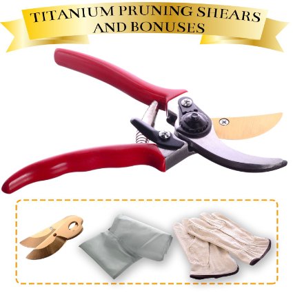 Titanium Pruning Shears by Garden Loves - Titanium Blades - Comes with Leather Gloves and Sturdy Garden Bag - TWO BONUS BLADES!