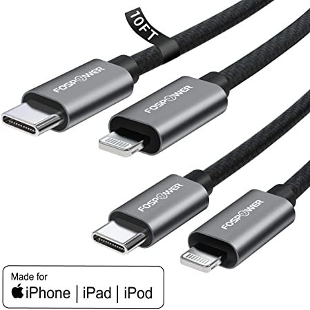 FosPower iPhone Charger (2 Pack), Apple MFi Certified Lightning to USB C Cable [Nylon Braided] Compatible with iPhone 11/11 Pro / 11 Pro Max/X/XS/XR/XS Max / 8/8 Plus - 10FT