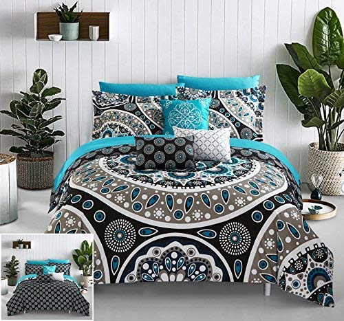 Chic Home 10 Piece Mornington Large Scale Contempo Bohemian Reversible Printed with Embroidered Details. King Bed in a Bag Comforter Set Black
