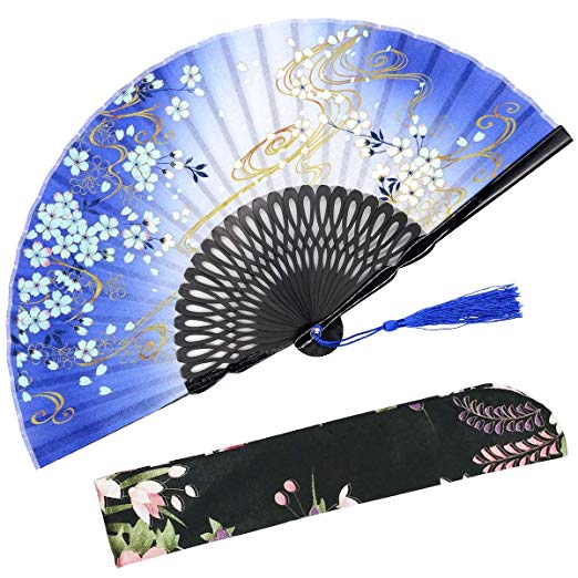 OMyTea "Sakura Wind Folding Hand Held Silk Fans - with a Fabric Sleeve for Protection for Gifts - Chinese/Japanese Vintage Retro Style (Blue)