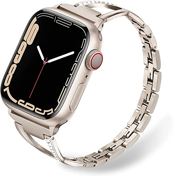 TRUMiRR Band for Apple Watch Series 8 7 41mm Starlight Women, Stainless Steel & Diamond Watchband Feminine Jewelry Strap for iWatch Apple Watch SE Series 8 7 6 5 4 3 2 1 41mm 40mm 38mm