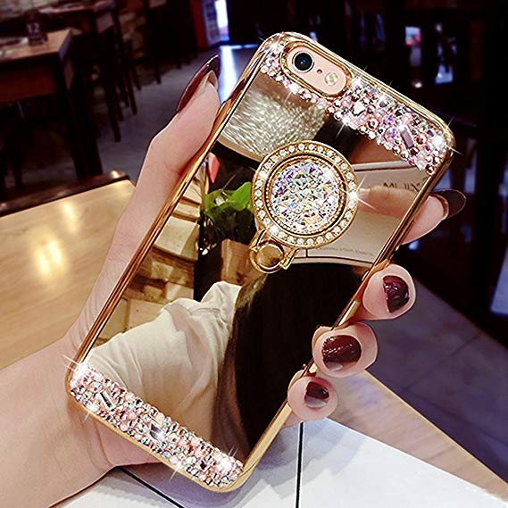 iPhone 6s Plus Case, Surpriseyou Luxury Crystal Rhinestone Soft Rubber Bumper Bling Diamond Glitter Mirror Makeup Case with Ring Stand Holder for iPhone 6 Plus & 6s Plus (Gold)