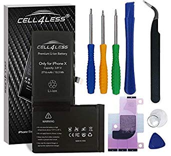 CELL4LESS Battery Replacement Kit for iPhone X A1865, A1901 & A1902, 2716 mAh, 3.1V, 10.3 WHR, W/Assembly Tools & Adhesive Pull Strips [2 Year Warranty]