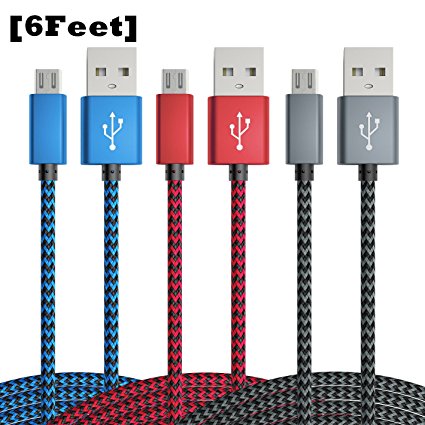 Micro USB Cable, [3-Pack] 6ft / 1.8m MartsWOW Premium Nylon Braided High Speed USB 2.0 A Male to Micro B Fast Charging Cord for Samsung S6 / S7, LG, Motorola, Android Devices and More (Black Red Blue)