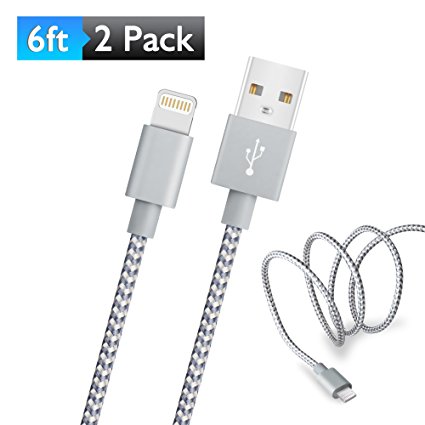 Kabel Leader, iPhone Charger, 2Pack 6FT Tangle-free Nylon Braided Lightning to USB Cable, Quick Data Syncing and Charging wire for iPhone 5 5s 6 6s Plus 7 iPad Air Mini iPod Nano Touch(Silver Gray)