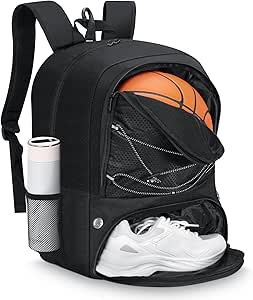 MoKo Basketball Tasche Rucksack, Fußballrucksack für Männer & Frauen mit getrennten Ball- und Schuhfächern, wasserdicht, Zaunhaken, Sporttasche für Kleidung, Schuhe, Tablets, Laptops, Schwarz