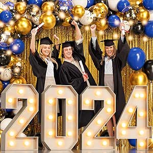 2024 Graduation Decorations, 78 PCS Graduation Party Supplies- 2FT Grad Prom Marquee Light Up Letters Number Sign “2024”, Balloon Garland Kit for Kindergarten High School College Class Decor Blue Gold