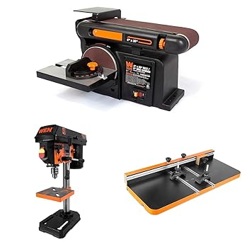 WEN 6502T 4.3-Amp 4 x 36 in. Belt and 6 in. Disc Sander & 4208T 2.3-Amp 8-Inch 5-Speed Cast Iron Benchtop Drill Press,Black/Orange & DPA2513 24-by-12-Inch Drill Press Table
