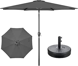 YSSOA 9' Patio Umbrella with 50lbs 20" Capacity Fillable Heavy Duty Round Base, 8 Sturdy Ribs, for Outdoor Lawn, Deck, Poolside, Grey and Black