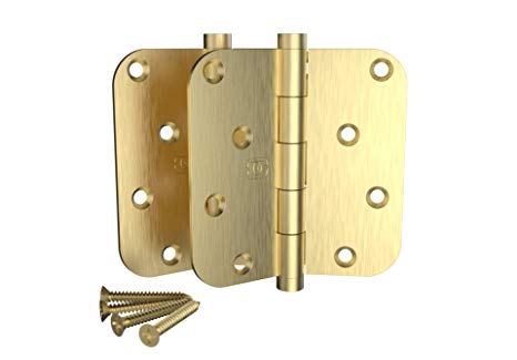 2 Pack Omnia 4 x 4 Extruded Solid Brass Door Hinge 5/8" Radius Corner with Button Tip US4 (Satin Brass)
