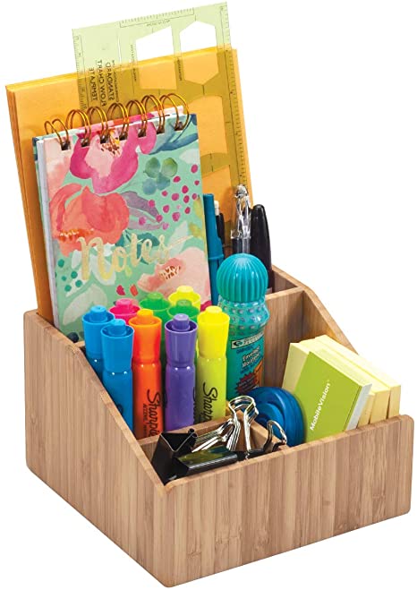 Multi-Use Bamboo Office Product Organizer Compact for Desktop, Holds Notepads, Pens, Pencils, Business Cards, Paper Clips, Stationery Supplies & more