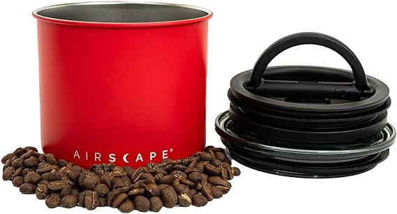 Planetary Design Airscape Stainless Steel Coffee Canister | Food Storage Container | Patented Airtight Lid | Push Out Excess Air Preserve Food Freshness (Small, Matte Red)