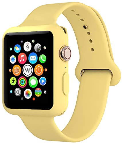 Soft Silicone Replacement Watch Band - Adjustable Wristband Watchband Wrist Straps Sport Band with Case Cover, 38mm 40mm 42mm 44mm, Compatible with Apple Watch Series 1/2/3/4/5, Yellow, 38mm S/M