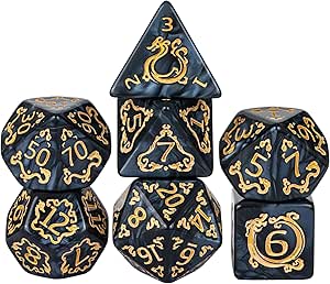 7-Die DND Dice Set Dragon Pattern Polyhedral Dice Set with Leather Bag D&D Dice Set for Dungeons and Dragons RPG MTG Table Games (Black W/Gold Dragon Pattern)