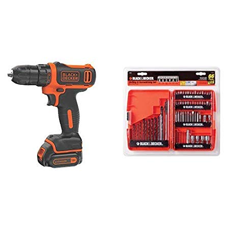 BLACK DECKER 12V MAX Cordless Drill/Driver (BDCDD12C) with BLACK DECKER 71-966 Drilling and Screwdriving Set, 66-Piece Bit Set