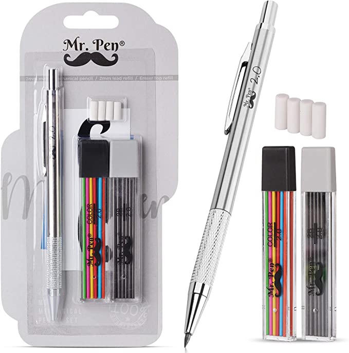 Mr. Pen- Mechanical Pencils 2mm, Metal Mechanical Pencil with 2 Pack of Lead and Eraser, Drafting Pencil, Drawing Pencil, Thick Mechanical Pencil, 2.0mm Pencils, Artist Mechanical Pencils, 2mm Pencils