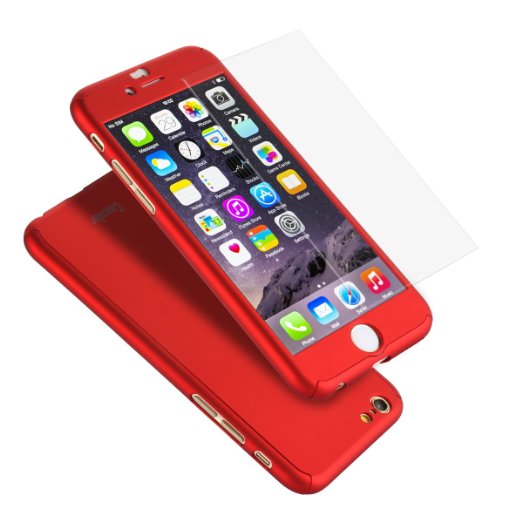 iPhone 6 Plus Case, Coocolor Ultra Thin Full Body Coverage Protection Hard Slim iPhone 6 Plus Case with Tempered Glass Screen Protector for Apple iPhone 6 Plus 5.5"(Red)