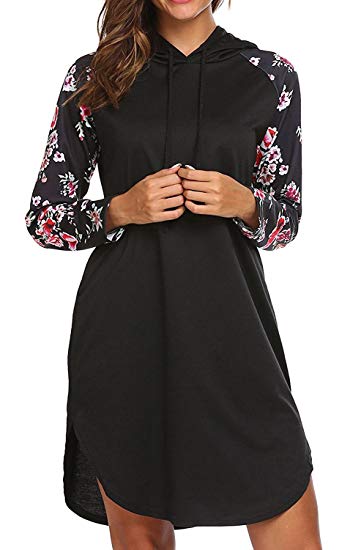 JQstar Women's Floral Print Long Sleeve Pullover Sweatshirt Casual Midi Hoodie Dress With Pockets