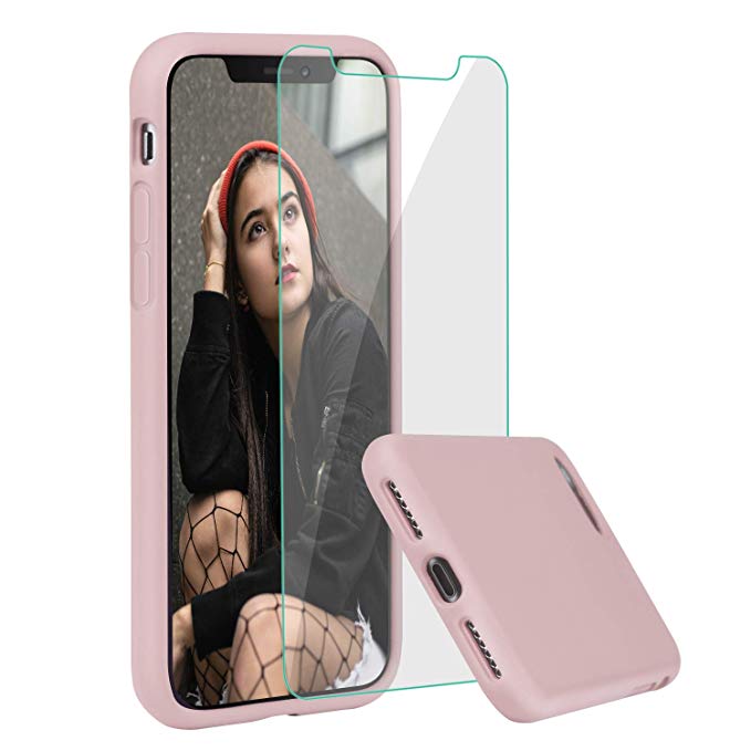 Case for iPhone X/XS, ProBien Liquid Silicone Full Protective Cover with Free Tempered Screen Protector Shockproof Durable Shell Compatible for iPhone X/iPhone Xs 5.8 Inch 2018 Released-Sand Pink