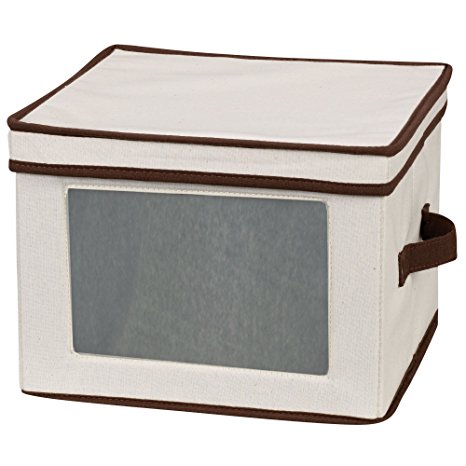 Household Essentials 536 Vision Storage Box with Lid and Handles | Dinner Plate | Natural Canvas with Brown Trim