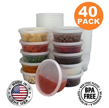 Food Storage Containers with Lids, Round Plastic Deli Cups, US Made, 8 oz, Cup Size, Leak Proof, Airtight, Microwave & Dishwasher Safe, Stackable, Reusable, White [40 Pack]