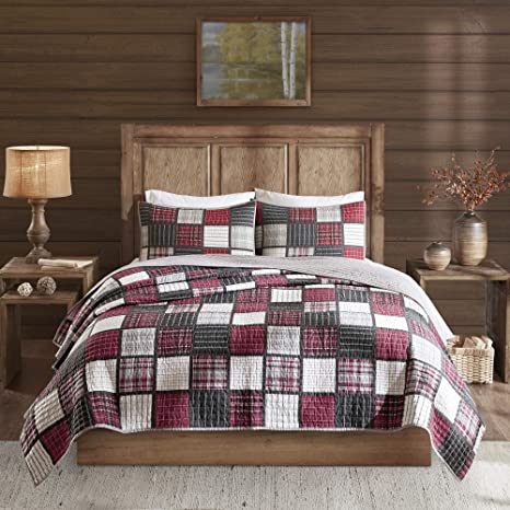 Woolrich Oversized Plaid Print Cotton Quilt Set, King/Cal King, Tulsa Red/Grey