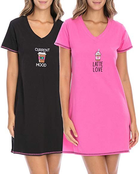 Rene Rofe Women’s Sleepwear 2-Pack Short Sleeve V-Neck Embroidered Night Shirt (Plus Available)