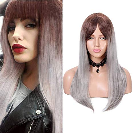 Fani Synthetic Women's Wig With Hair Bangs 20inch Ombre Color Long Heat Resistant Synthetic Hair Wigs for Women (Brown/Gray Gold)