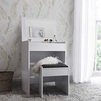 Laura James Compact Dressing Table Vanity Desk with Flip Up Mirror and Stool – Space Saving Design (White)