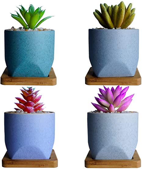 3 Inch Succulent Pots, Mini Succulent Planter Pots with Drainage Hole for Indoor Plants， Ceramic Flower Pots Cactus Planter Container with Bamboo Tray, Set of 4