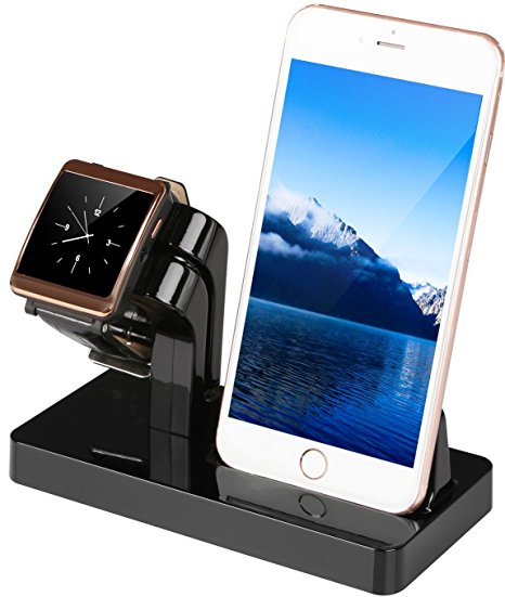 GPCT Apple Watch/iWatch/iPhone Charging Stand Cradle Holder Dock Nightstand Station [2 in 1]- iPhone 7 Plus/7/6s/6/5S/5C/5/SE & Apple Watch Series 1 & 2, 38 MM/42MM Watch- Black