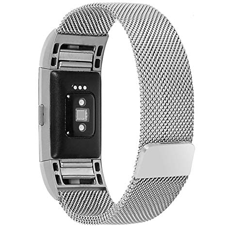 Moretek Milanese Loop Stainless Steel Metal Bracelet Strap Bands Compatible Fitbit Charge 2 Unique Magnet Lock Replacement Band Present Tempered Glass Screen Protector