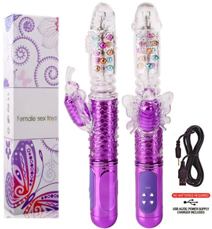 LOVER FIRE 2016 Limited Edition Silica Gel USB Rechargeable Waterproof Bounding Butterfly Clitoral Stimulation 360 Degree Rainbow Rotating Beads With Veinny Realistic Dildo Vibrator