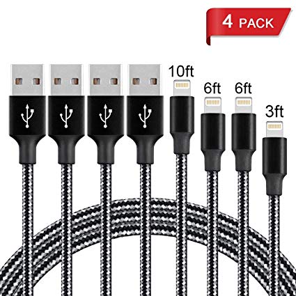 JCHope iPhone Charger, MFi Certified Charging Cable, USB Nylon Braided Syncing 4Pack 3FT 6FT 6FT 10FT Lightning Cable Compatible iPhone X 8 8 Plus 7 7 Plus 6s 6s Plus (Black&White)