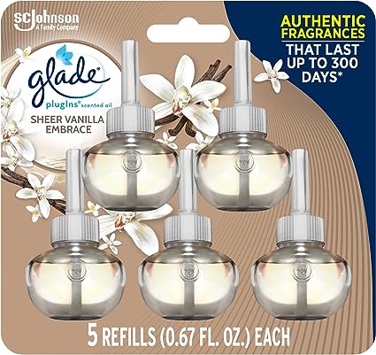 Glade PlugIns Refills Air Freshener, Scented and Essential Oils for Home and Bathroom, Sheer Vanilla Embrace, 3.35 Fl Oz, 5 Count