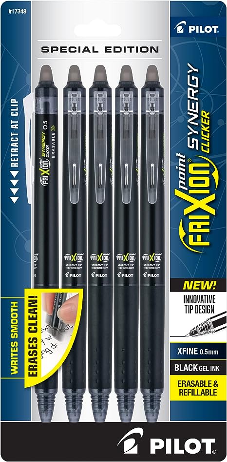 PILOT FriXion Synergy Clicker Erasable, Refillable & Retractable Gel Ink Pens, 0.5mm Extra Fine Point, Black Ink, 5-Pack