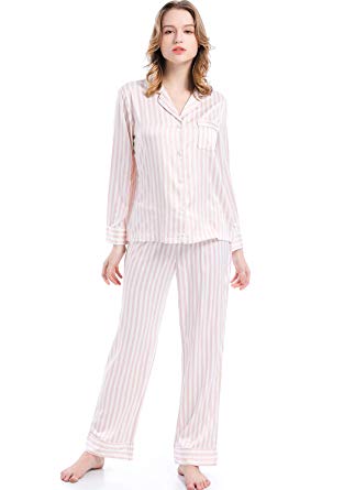 Serenedelicacy Women's Silky Satin Pajamas Striped Long Sleeve PJ Set Sleepwear Loungewear