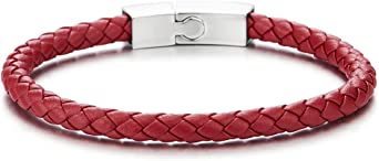 Unisex Mens Women Thin Red Braided Leather Bracelet Leather Bangle Wristband, Steel Magnetic Clasp
