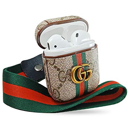 Designer Airpods Leather Case Cover : Giayouneer Luxury Classic Wireless Charging Case with Keychain Clip and Wristlet Strap Accessories Kit for Apple AirPods 2 and 1