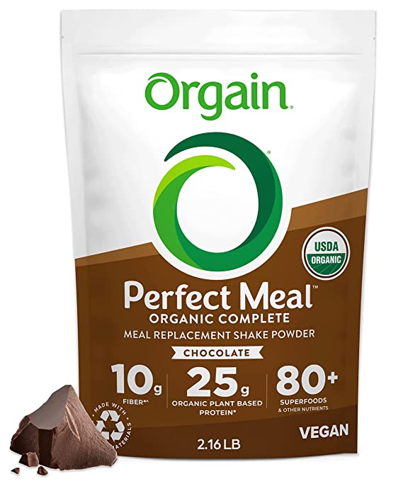 Orgain Organic Perfect Meal Powder, Vegan Meal Replacement with 25g of Plant Based Protein, 80  Superfoods, Fiber and Probiotics, No Gluten, Soy or Dairy, Non-GMO, Chocolate, 2.16 lb